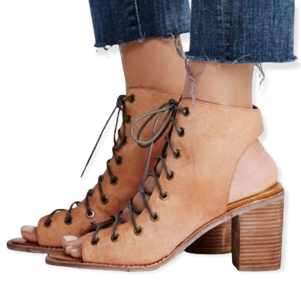 Jeffrey Campbell x Free People Minimal Taupe Lace Up Peep Toe Heeled Sandals